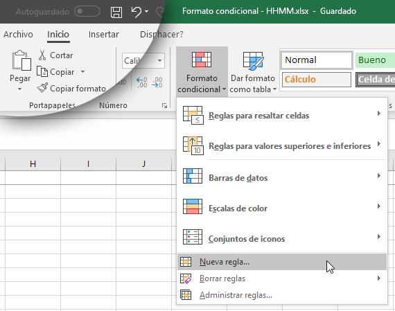 Inicio/ Formato condicional/ Nueva regla